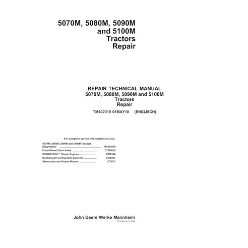 TM402019 Manual técnico de reparación en formato PDF para los tractores John Deere 5070M, 5080M, 5090M y 5100M (TM402019)