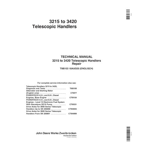 TM8103 Manual técnico de reparación en formato PDF para manipuladores telescópicos John Deere 3215, 3220, 3415 y 3420 (TM8103)