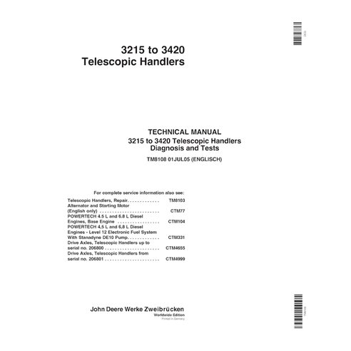 TM8108 Manual de diagnóstico y pruebas en formato PDF para manipuladores telescópicos John Deere 3215, 3220, 3415 y 3420 (TM8...