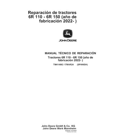 TM414963-ES John Deere 6R 110, 6R 120, 6R 130, 6R 140, 6R 150 tractor pdf repair technical manual ES (TM414963)