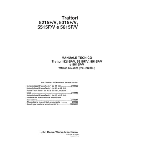 TM4865-IT Manuel technique complet pour tracteurs John Deere 5215F/V, 5315F/V, 5515F/V, 5615F/V (TM4865)
