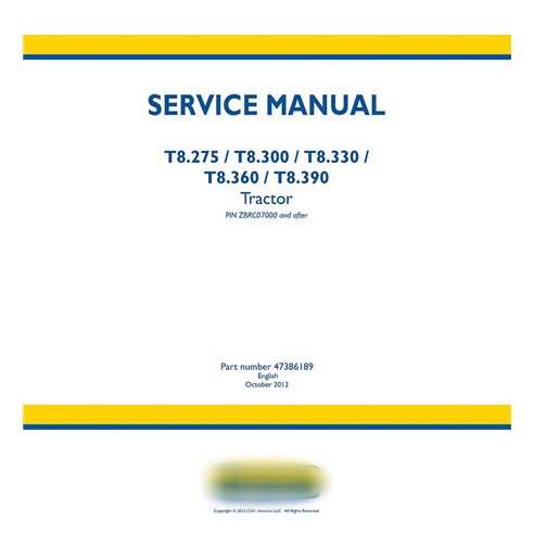 New Holland T8.275, T8.300, T8.330, T8.360, T8.390 tractor service manual