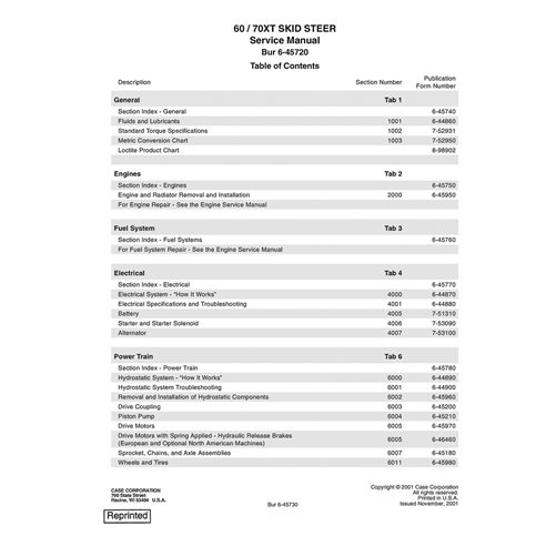 Case 60XT, 70XT skid loader service manual