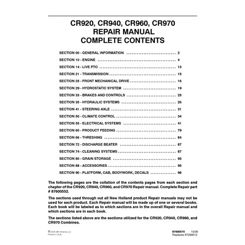 Manual de servicio de la cosechadora New Holland CR920, CR940, CR960, CR970