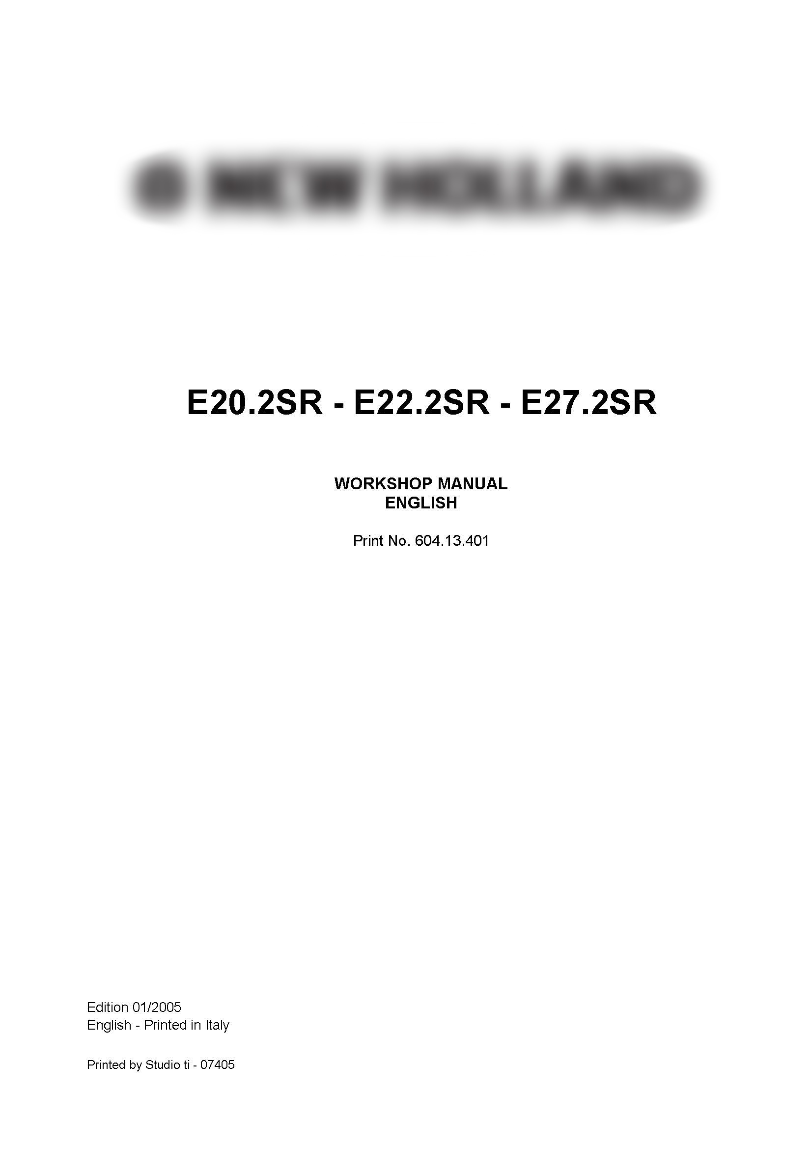 New Holland E20.2SR, E22.2SR, E27.2SR mini excavator workshop manual