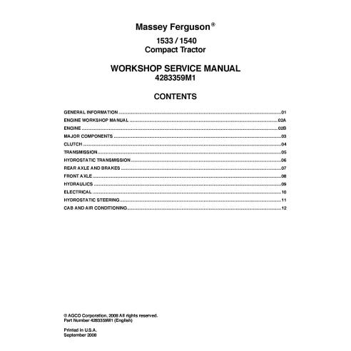 Manuel d'entretien de l'atelier du tracteur Massey Ferguson 1533/1540 - Massey Ferguson manuels