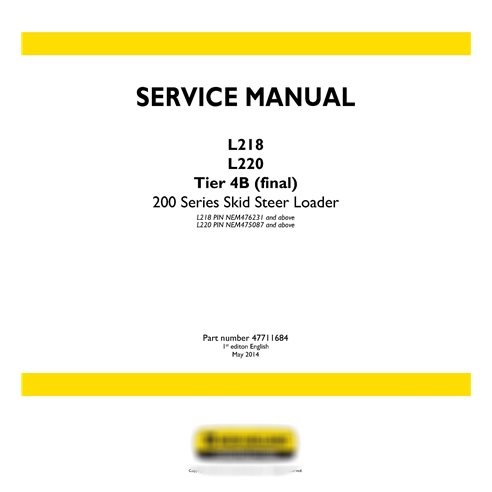 Manual de servicio de la cargadora deslizante New Holland L218 / L220 Tier 4B
