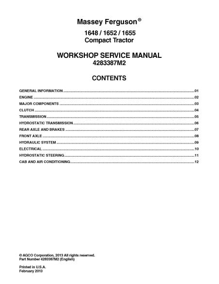 Manual de servicio del taller del tractor Massey Ferguson 1648/1652/1655 - Massey Ferguson manuales - MF-4283387