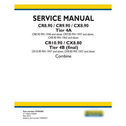 Manual de servicio de la cosechadora New Holland CR8.90 / CR9.90 / CX8.90 / CR10.90 / CX8.80