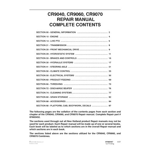New Holland CR9040 / CR9060 / CR9070 combine repair manual