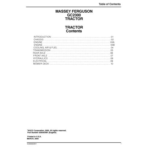 Manuel d'entretien de l'atelier du tracteur Massey Ferguson GC2300 - Massey Ferguson manuels