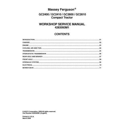 Manual de servicio del taller del tractor Massey Ferguson GC2400 / GC2410 / GC2600 / GC2610 - Massey Ferguson manuales