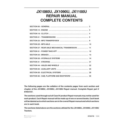 Case Ih JX1080U / JX1090U /  JX1100U tractor repair manual