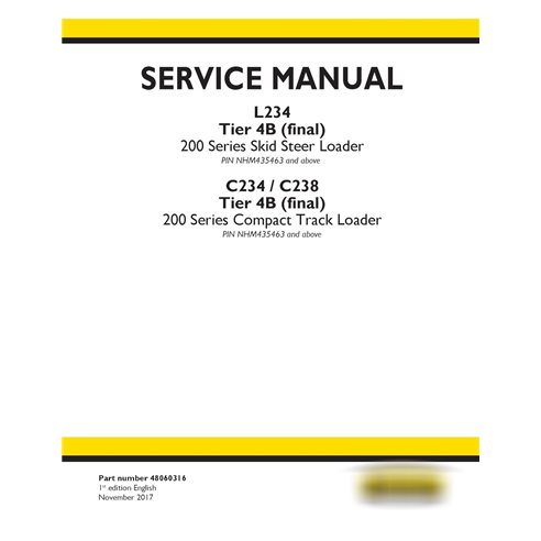 Manual de serviço da carregadeira Skid New Holland L234 / C234 / C238 Tier 4B