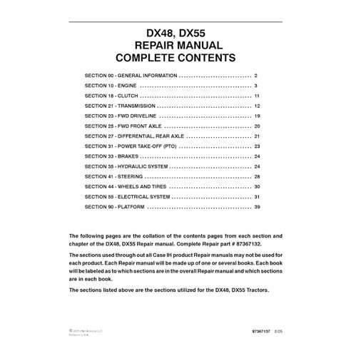 Manuel de réparation PDF du tracteur Case IH DX48, DX55