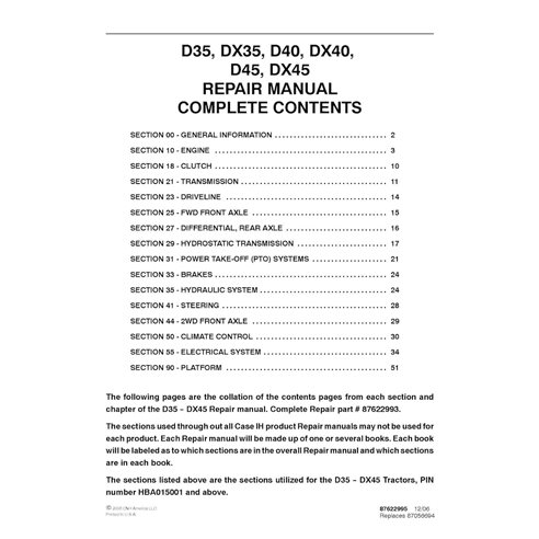 Manuel de réparation PDF du tracteur Case IH D35, DX35, D40, DX40, D45, DX45
