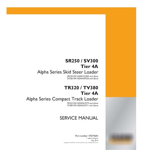 Case SR250, SV300, TR320, TR380 Tier 4A skid loader pdf service manual 