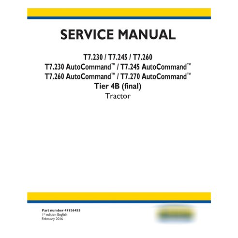 Manual de serviço em PDF do trator New Holland T7.230, T7.245, T7.260, T7.270 AutoCommand Tier 4B