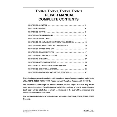 Manual de serviço pdf do trator New Holland T5040, T5050, T5060, T5070