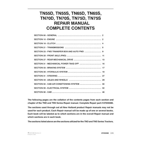 New Holland TN55D, TN55S, TN65D, TN65S, TN70D, TN70S, TN75D, TN75S manual de reparo do trator pdf