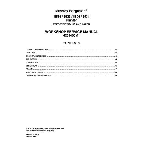 Massey Ferguson 8516, 8523, 8524, 8531 manual de serviço em PDF da plantadeira - Massey Ferguson manuais