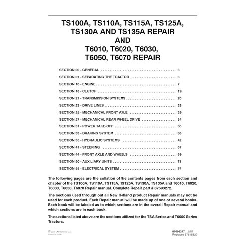 New Holland TS100A, TS110A, TS115A, TS125A, TS130A, TS135A, T6010, T6020, T6030, T6050, T6070 tractor pdf manual de reparación