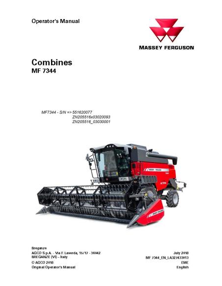 Manual del operador de la cosechadora Massey Ferguson MF 7344 pdf - Massey Ferguson manuales - MF-LA327433013