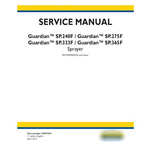 Manual de serviço em pdf do pulverizador New Holland Guardian SP.240F, SP.275F, SP.333F, SP.365F