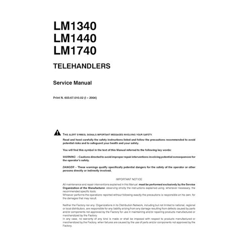 Manual de serviço em pdf do manipulador telescópico New Holland LM1340, LM1440, LM1740