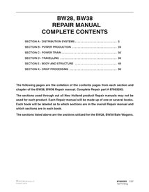 Manual de reparo em pdf New Holland BW28, BW38 de vagão de fardos