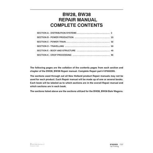 Manual de reparo em pdf New Holland BW28, BW38 de vagão de fardos