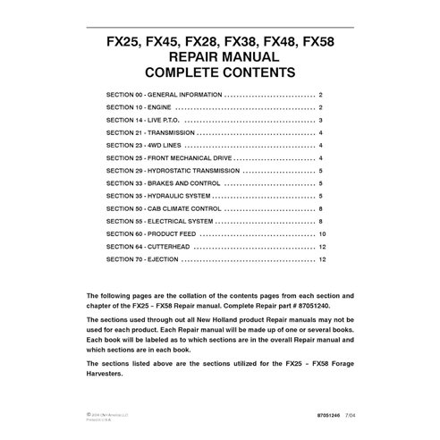 New Holland FX25, FX45, FX28, FX38, FX48, FX58 ensileuse manuel d'entretien pdf