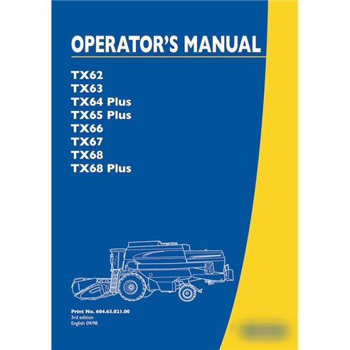 Manual del operador en pdf de la cosechadora New Holland TX62, TX63, TX64 Plus, TX65 Plus, TX66, TX67, TX68, TX68 Plus