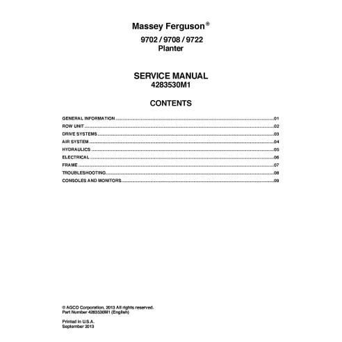 Manual de serviço da plantadeira Massey Ferguson 9702, 9708, 9722 em PDF - Massey Ferguson manuais
