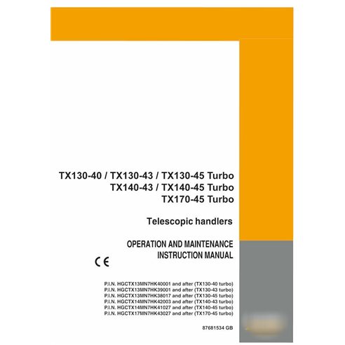 Case TX130-40, TX130-43, TX130-45, TX170-45 Turbo chariot télescopique pdf manuel d'utilisation et d'entretien