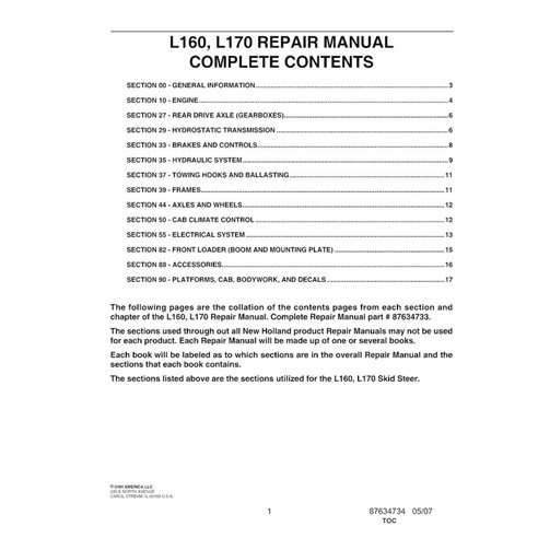 Manual de reparo em pdf da minicarregadeira New Holland L160, L170