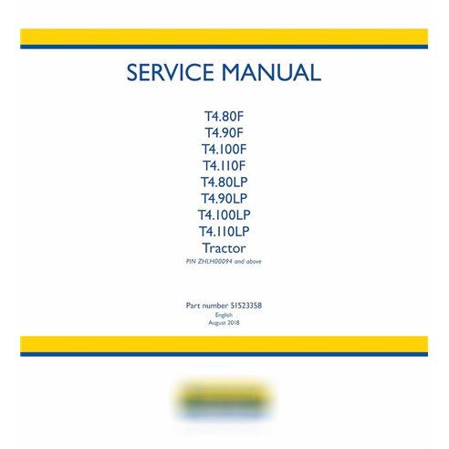 Manual de servicio en pdf del tractor New Holland T4.80F, T4.90F, T4.100F, T4.110F, T4.80LP, T4.90LP, T4.100LP, T4.110LP