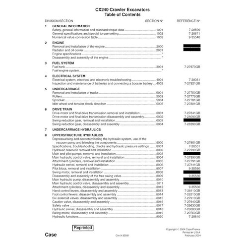 Manuel d'entretien pdf de l'excavatrice Case CX240