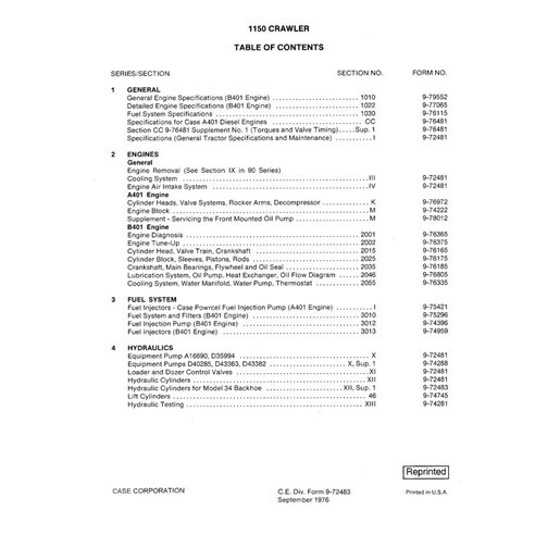 Manuel d'entretien pdf du bouteur sur chenilles Case 1150