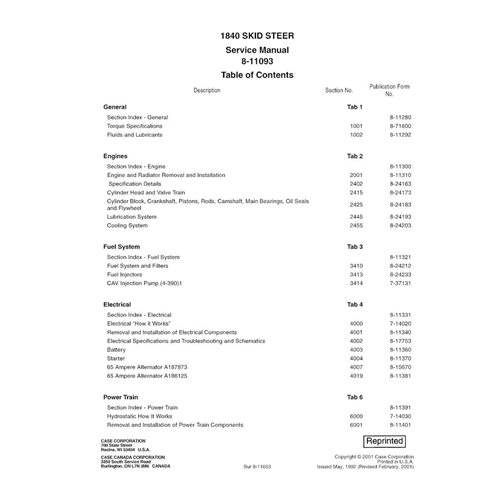Manual de serviço em pdf da minicarregadeira Case 1840