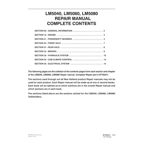 Manuel de réparation pdf du chariot télescopique New Holland LM5040, LM5060, LM5080