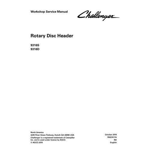 Challenger 9316S, 9316D En-tête à disque rotatif Manuel d'entretien de l'atelier PDF - Challenger manuels