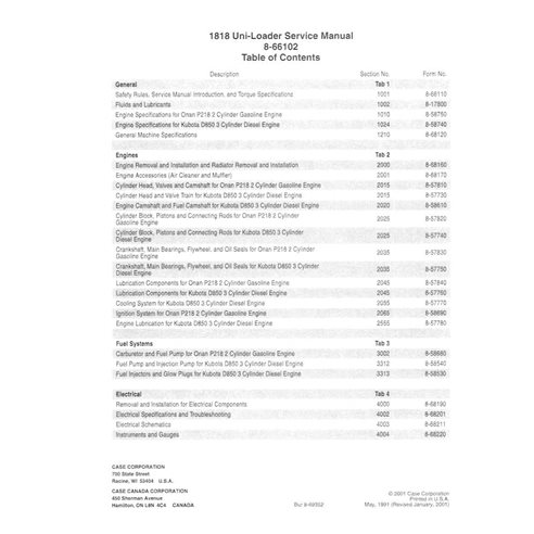 Manual de serviço em pdf da minicarregadeira Case 1818