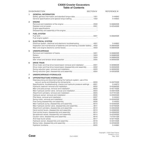 Manuel d'entretien pdf de l'excavatrice Case CX800