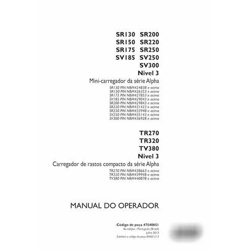 Case SR130-SR250, SV185-SV300, TR270, TR320, TV380 Tier 3 skid steer loader pdf operator's manual PT