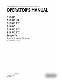 Manuel de l'opérateur pdf pour les chargeuses-pelleteuses New Holland B100C, B110C TC, B115C Stage IV