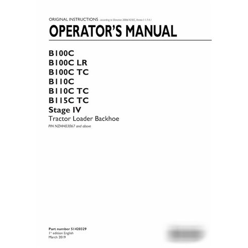Manual del operador en pdf de la retroexcavadora New Holland B100C, B110C TC, B115C Stage IV