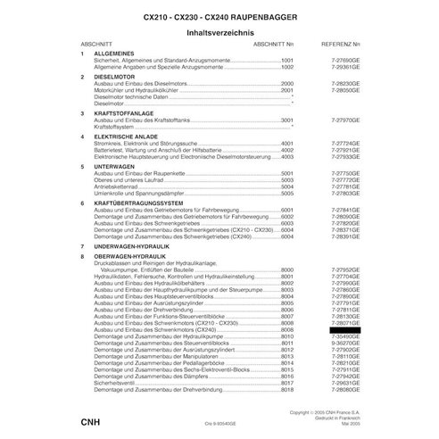 Manuel d'entretien pdf pour excavatrice Case CX210, CX230, CX240 DE