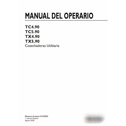 Manual do operador em PDF da colheitadeira New Holland TC4.90, TC5.90, TX4.90, TX5.90 ES