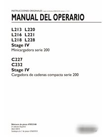 Manuel d'utilisation PDF de la chargeuse compacte New Holland L213, L216, L218, L220, L221, L228, C227, C232 Stage IV ES